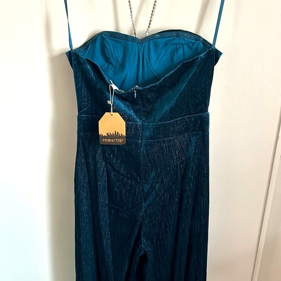 New Main Strip Rhinestone Halter Strapless Sweetheart Neck Teal Velvet Jumpsuit - Picture 9 of 16